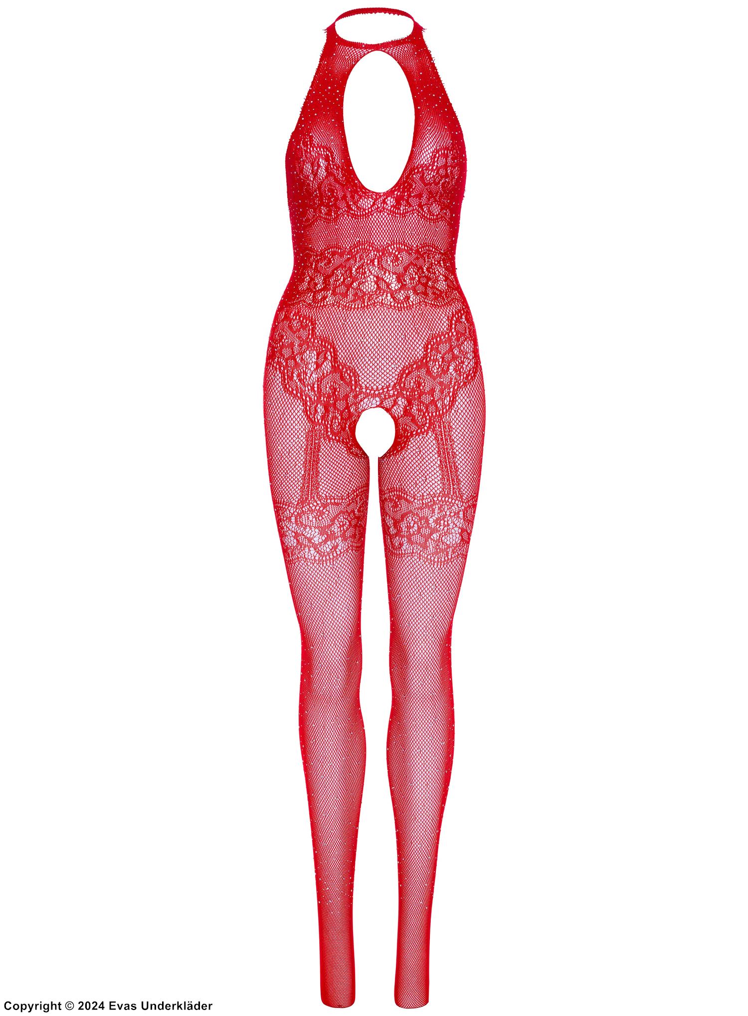 Elegantes Bodystocking, Netz, Strasssteine, offener Schritt, Schlüsselloch, Stockings-Imitation